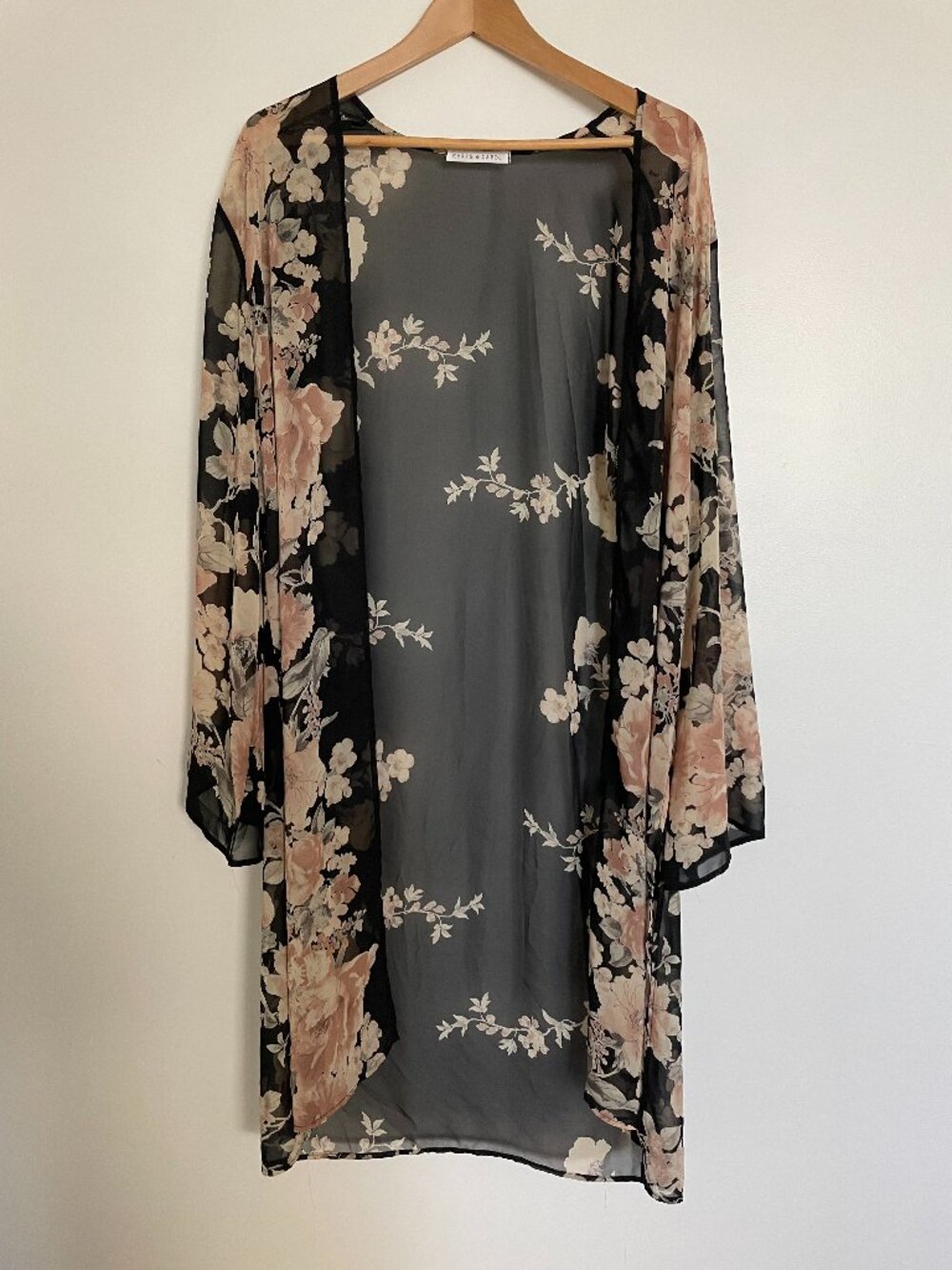Chris & Carol Black Sheer Floral Kimono Cape with Blush and Cream Blooms